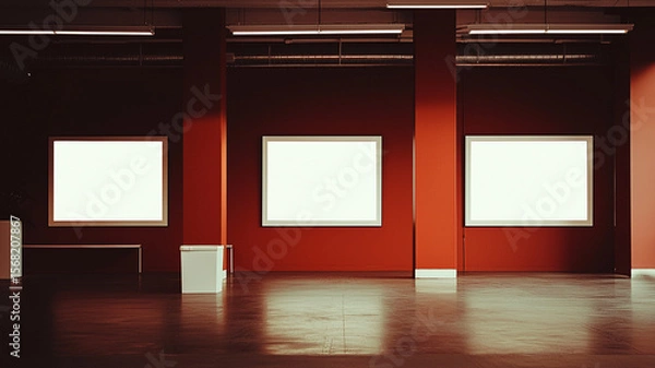 Fototapeta Empty art gallery with red walls and blank frames, creating minimalist . spacious layout invites contemplation and creativity