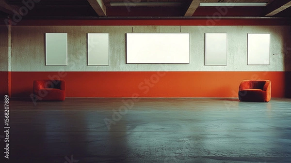Fototapeta Empty gallery with red walls and two red chairs, creating modern space for art display. minimalistic design invites creativity and inspiration