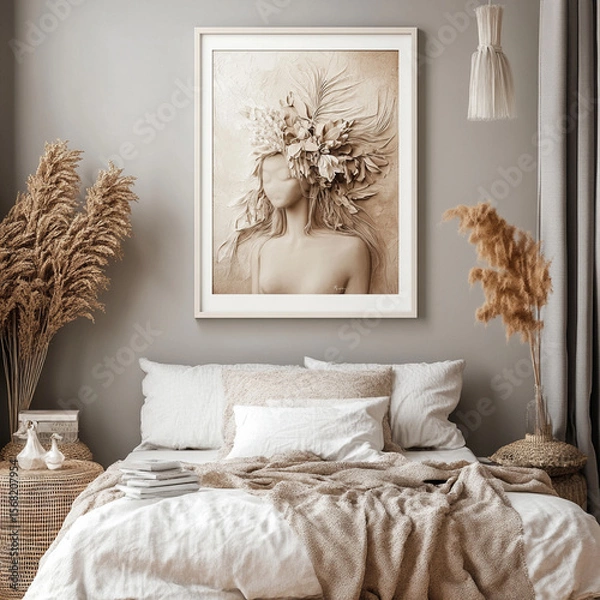Fototapeta beautifully styled bedroom featuring large framed artwork of figure adorned with floral elements. neutral color palette and soft textures create cozy and