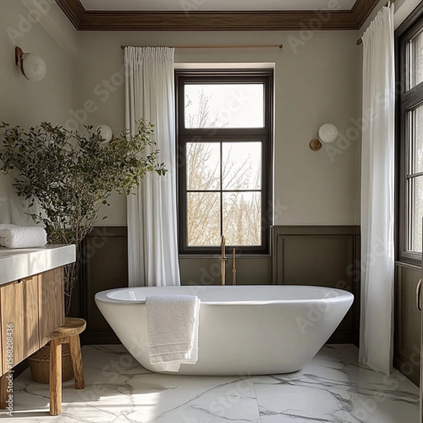 Fototapeta modern bathroom featuring freestanding bathtub, large window, and natural light. space is complemented by wooden vanity, greenery, and elegant decor, creating relaxing