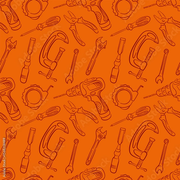 Fototapeta Seamless repair tools pattern in line art style with drill, clamp, pliers, wrench and screwdriver. Perfect for construction repair market and industrial design.