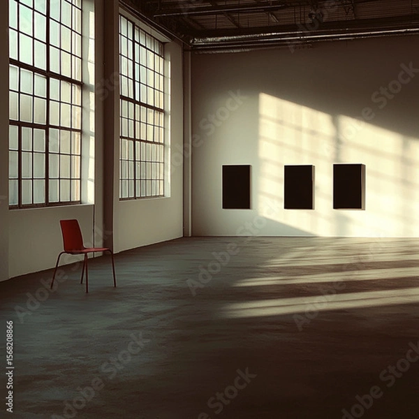 Obraz spacious gallery with large windows, red chair, and three blank canvases on wall creates minimalist and modern . sunlight casts interesting shadows on floor