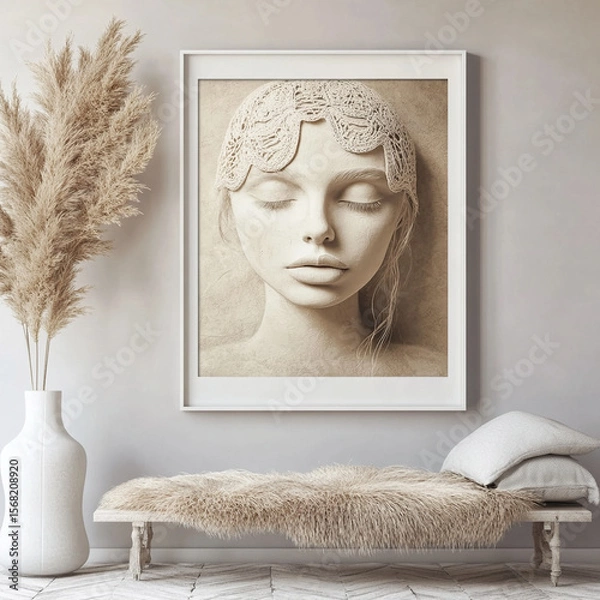 Fototapeta stunning wall art piece featuring sculpted face with intricate details, framed elegantly in modern interior. soft tones and textures create calming