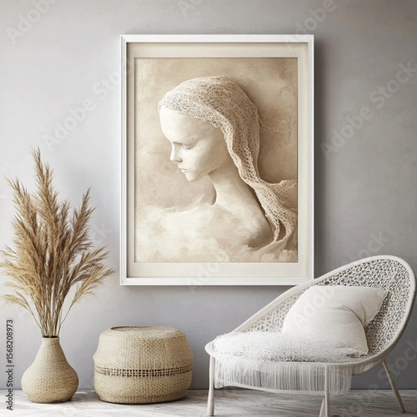 Obraz beautiful wall art piece featuring sculpted figure with delicate veil, set against neutral background. artwork adds elegance to modern interior, complemented by natural elements like plant and