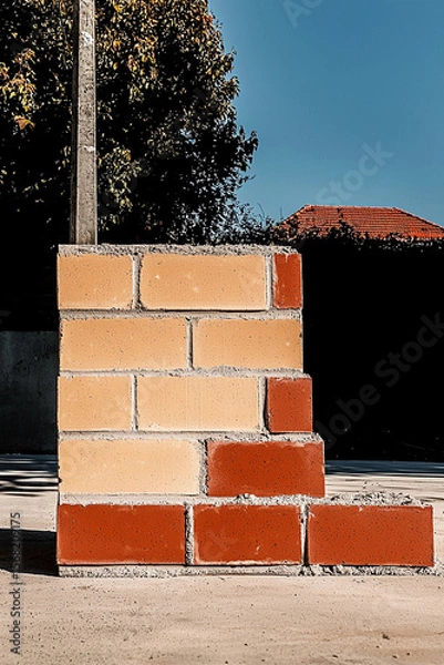 Fototapeta solid brick wall section with mix of yellow and red bricks stands against clear blue sky, its sturdy construction and unique pattern