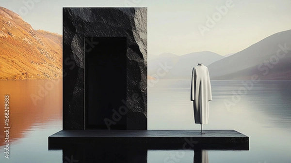 Obraz minimalist scene featuring black stone structure beside calm lake, with white garment displayed on stand. landscape includes mountains and autumn foliage, creating striking contrast