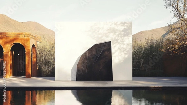 Obraz striking minimalist sculpture stands against white wall, surrounded by nature and mountains. setting s modern design and artistic