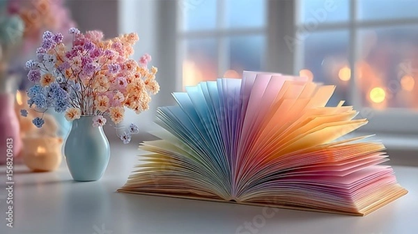 Fototapeta An open book with colorful pages sits next to a vase of pastel flowers