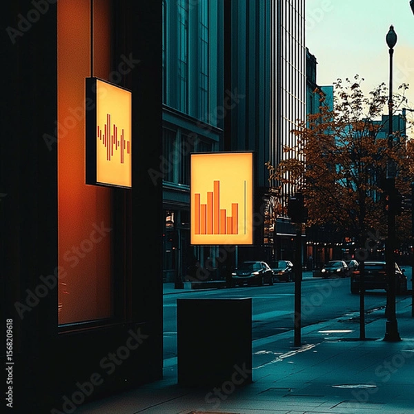 Obraz Urban street scene with illuminated signs displaying bar graphs, modern architecture and evening ambiance. warm glow contrasts with cool tones of city