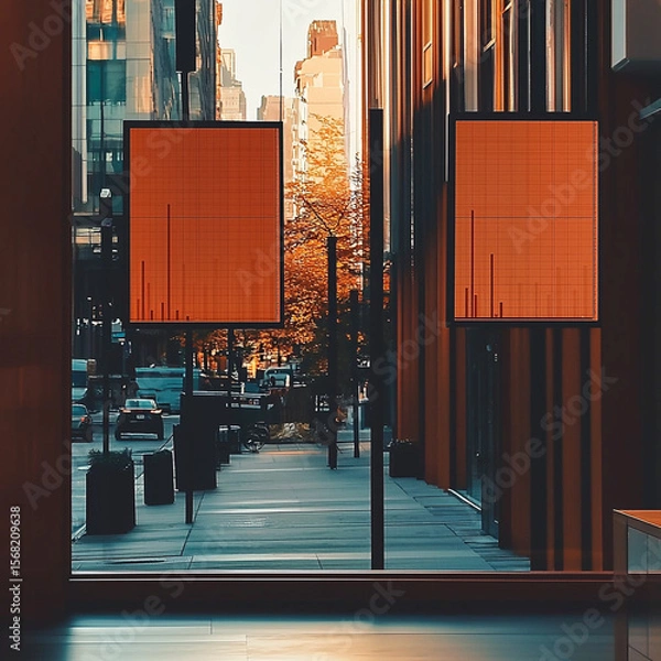 Fototapeta Modern urban scene with glass windows displaying orange graphs, ing city life and autumn foliage outside. warm tones create vibrant