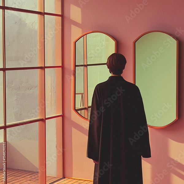 Obraz person stands in room with large windows and mirrors, bathed in soft light. warm tones create ive , enhancing sense of solitude and contemplation