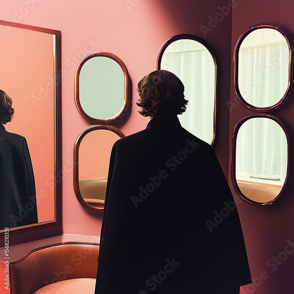 Fototapeta person in black cape stands in front of mirrors against pink wall, creating striking visual contrast. scene evokes sense of mystery and introspection