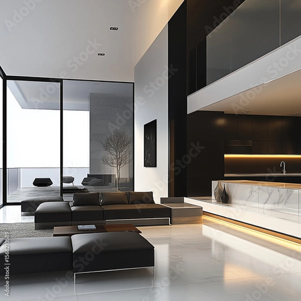 Obraz Ultra modern minimalist living room with sleek furniture and large windows. space features dark color palette, elegant lighting, and stylish kitchen area, creating sophisticated