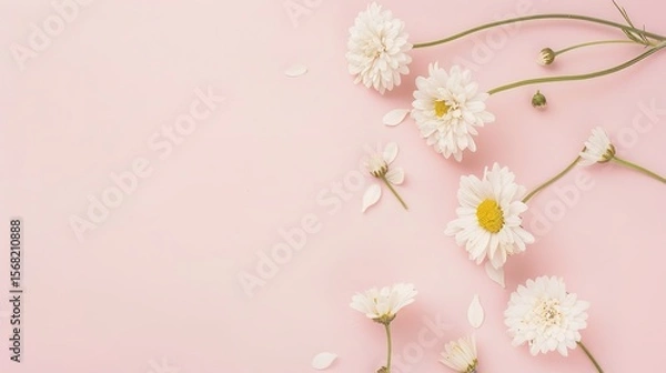 Obraz Minimalist White Daisy Chamomile on Pale Pink Background: Petal Contrast, Soft Aesthetic, and Floral Design Harmony