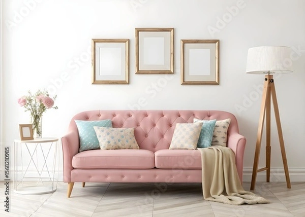 Fototapeta Poster mockup with two vertical frames on empty wall in living room interior with pink sofa and multi-colored pastel pillows. 3D rendering.