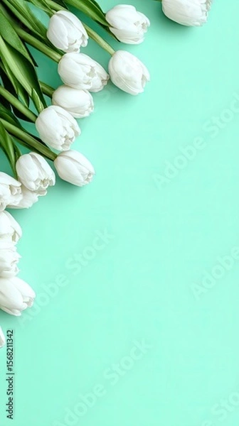 Fototapeta White tulips arranged in a corner border against a teal background