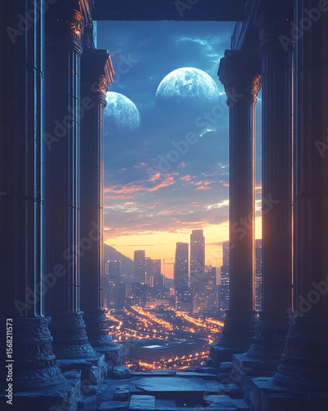 Fototapeta Ancient pillars frame stunning cityscape at dusk, with two moons illuminating sky. blend of history and modernity creates scene