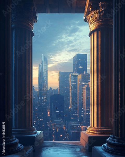 Fototapeta Majestic pillars frame stunning city skyline at dusk, blending classical architecture with modern skyscrapers. warm glow of setting sun urban landscape