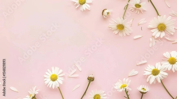 Obraz Minimalist White Daisy Chamomile on Pale Pink Background: Petal Contrast, Soft Aesthetic, and Floral Design Harmony