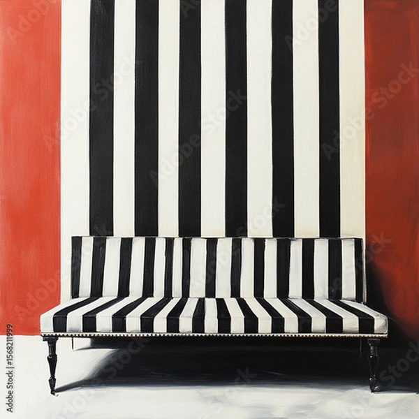 Obraz striking black and white striped sofa against bold red wall creates modern and stylish interior design. contrast adds dynamic touch to space, making it visually appealing