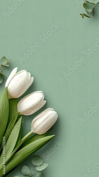 Fototapeta Three white tulips and eucalyptus sprigs arranged in a corner on a sage green background