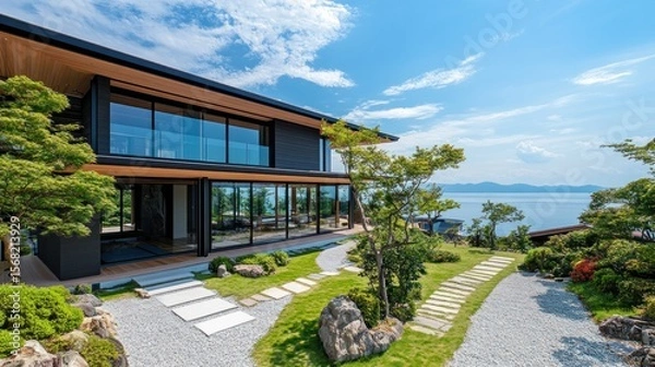 Obraz Modern Japanese home overlooking a lake, featuring a meticulously landscaped garden with pathways and rocks