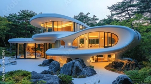 Obraz Modern, organic house nestled in a lush garden.  Evening light bathes the flowing, sculpted forms