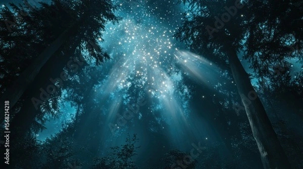 Obraz Mystical forest at night, glowing light from above