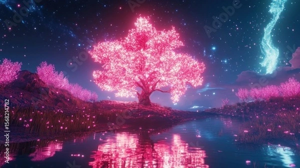 Obraz Pink glowing cherry blossom tree by a reflective pool under a starry night sky