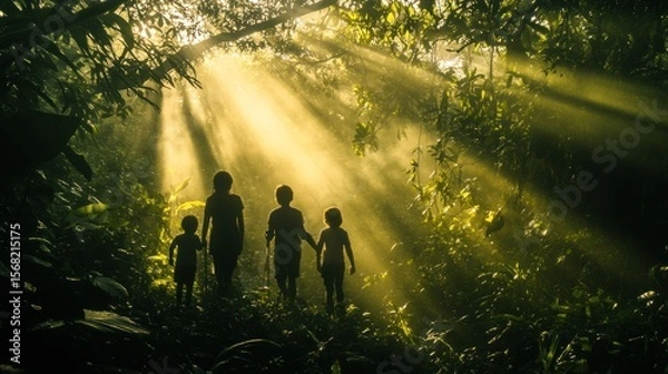 Obraz Silhouetted family walking through a sunlit jungle. Sunlight beams through the canopy, illuminating the path ahead