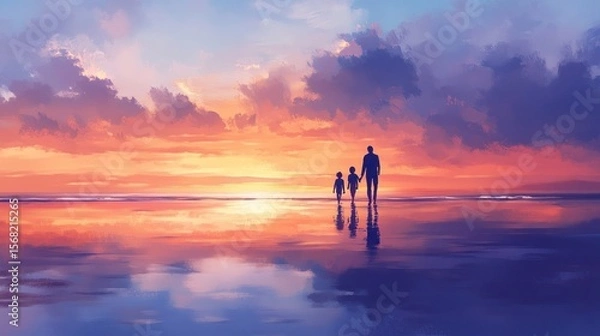 Obraz Silhouettes of a father and two children walking on a beach at sunset, reflected in a calm water surface.  Vibrant colors of orange, pink, and blue in the sky