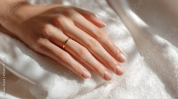 Fototapeta Delicate hand with ring resting on soft blanket in natural light  