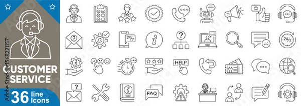 Fototapeta Customer service line icons set. Editable stroke symbols of support, feedback, helpdesk, call center, chat, user guide, rating, complaint, assistance tools, and more. Vector illustration