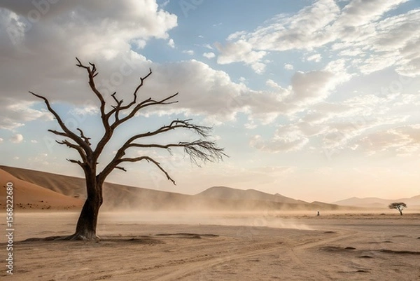 Fototapeta Dead tree in windswept desert under a dramatic evening sky with blowing sand, distant dunes, and fading light reflecting on cracked terrain
