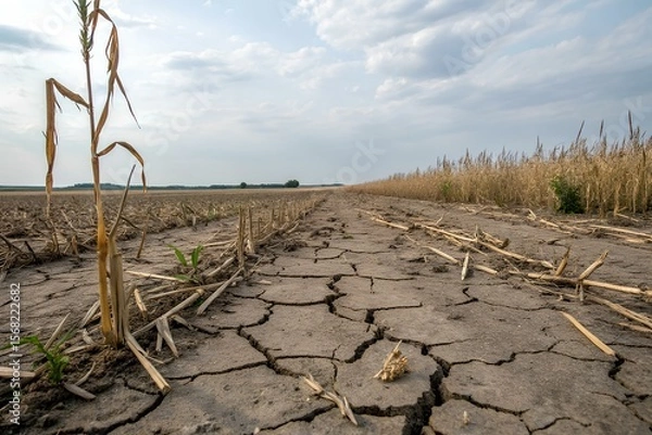 Fototapeta Drought-stricken cornfield with cracked soil and sparse vegetation under a partly cloudy sky, depicting agricultural stress and climate impact