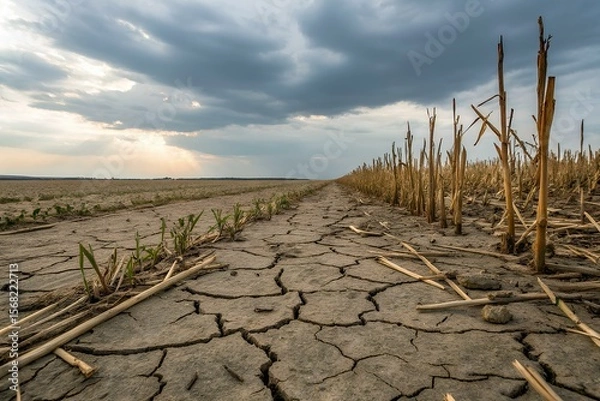 Fototapeta Cracked soil and withered corn remnants in a drought-stricken field, with new green growth emerging under cloudy sky and harsh conditions