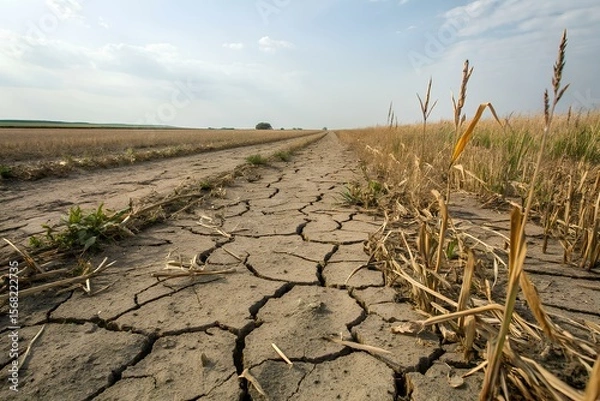 Fototapeta Cracked rural pathway cutting through a drought-affected field with dry crops and parched earth beneath a dramatic sky, symbolizing hardship