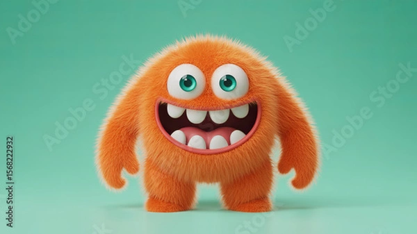 Fototapeta Cheerful Orange Creature: A whimsical, vibrant, and fuzzy orange creature with big, friendly eyes and a wide, toothy grin, exuding playful energy.