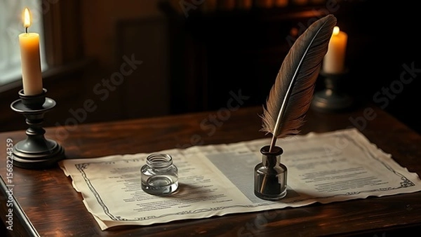 Obraz Vintage desk setup with a feather quill and inkwell on aged parchment.