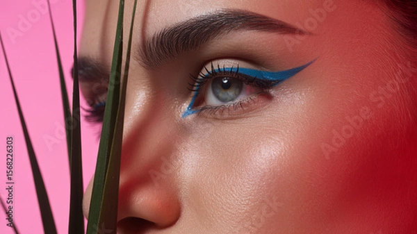 Fototapeta Ethereal Beauty: A close-up captures a captivating gaze framed by intricate blue eyeliner and lush greenery, evoking a sense of delicate and mesmerizing aesthetics