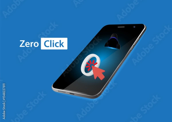 Obraz Smartphone with zero, cursor and hacker. mobile phone vulnerability and data security risks from remote, silent cyberattacks. 
