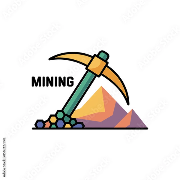 Fototapeta Mining Pickaxe Icon with Colorful Gems and Mountains