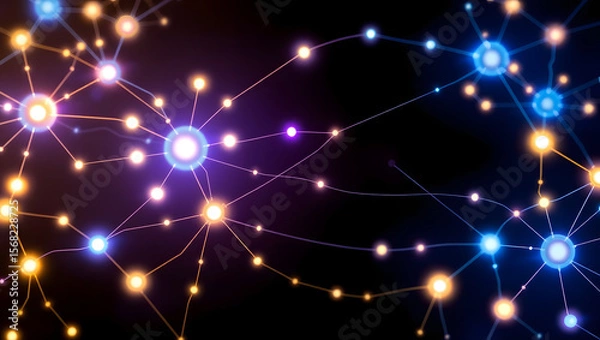 Fototapeta Interconnected Neural Network: A vibrant illustration of interconnected neural network, showcasing the complex pathways and glowing nodes of brain activity in a dark background.