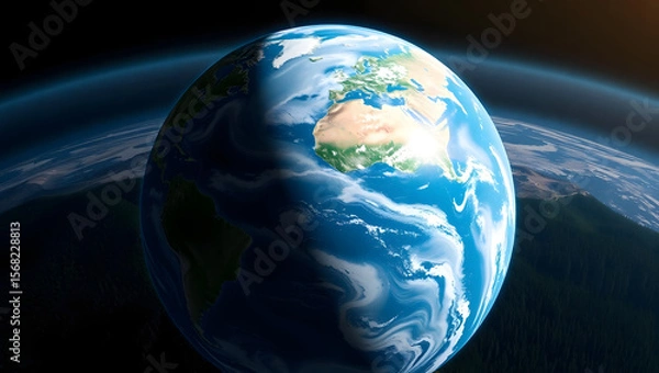 Fototapeta Earth in Space: A vibrant, realistic depiction of planet Earth against the dark expanse of space, showcasing its majestic beauty and fragility. 