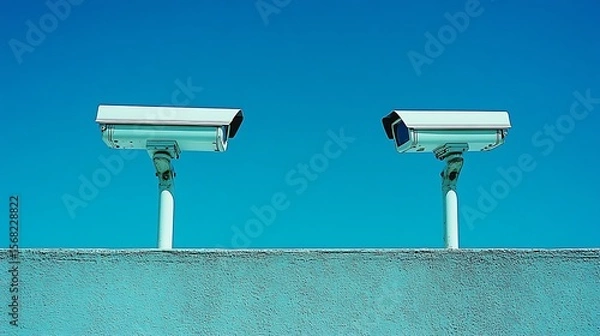 Obraz Two security cameras mounted on a wall against a clear blue sky.
