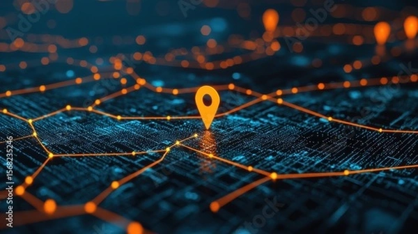 Fototapeta Futuristic digital map with glowing location pins, travel lines connecting cities, dark background with data overlays