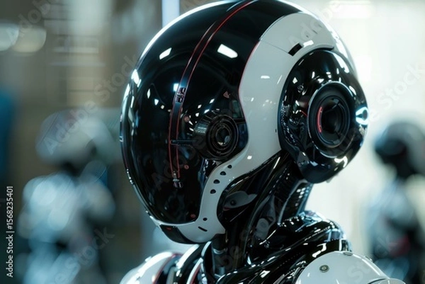 Fototapeta Futuristic humanoid robot with a black and white helmet is standing in a research laboratory