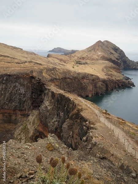 Obraz Desert landscapes of Cape Sao Lourenco. A narrow path over a cliff. Nature of Madeira Island, Portugal, PR8 Vereda da Ponta de Sao Lourenco.