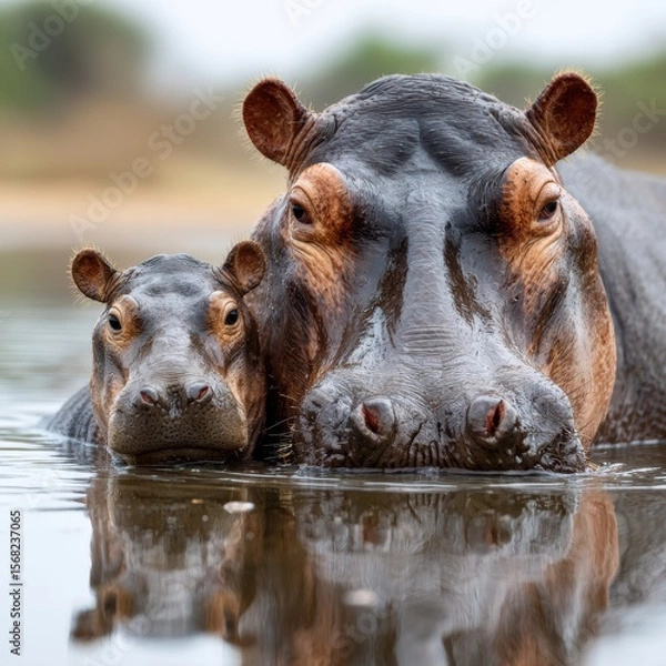 Fototapeta Baby hippo relaxes in shallow water next to its mother creating serene reflections and gentle ripples