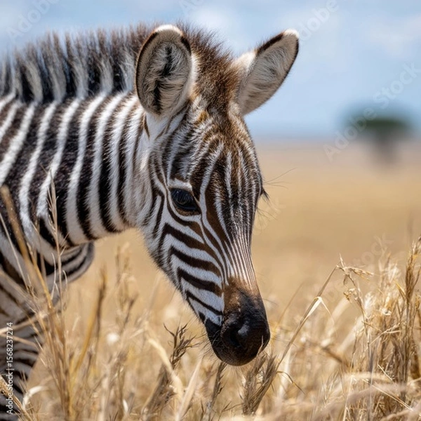 Obraz Zebra foal grazes peacefully in golden grasslands under a sunlit sky
